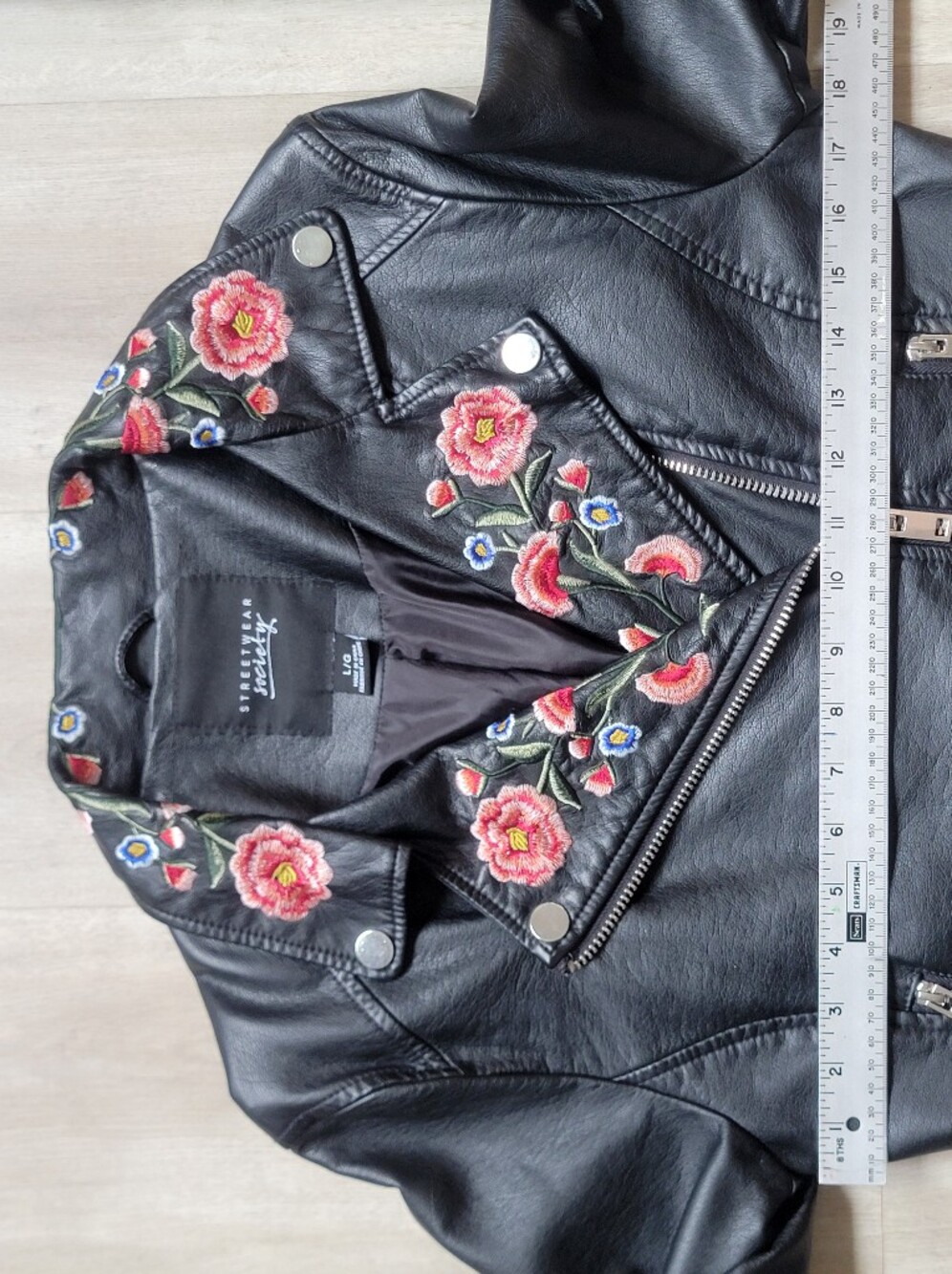 Streetwear Society Floral Embroidered Faux Leather Moto Biker Boho Jacket Size L - Picture 10 of 16